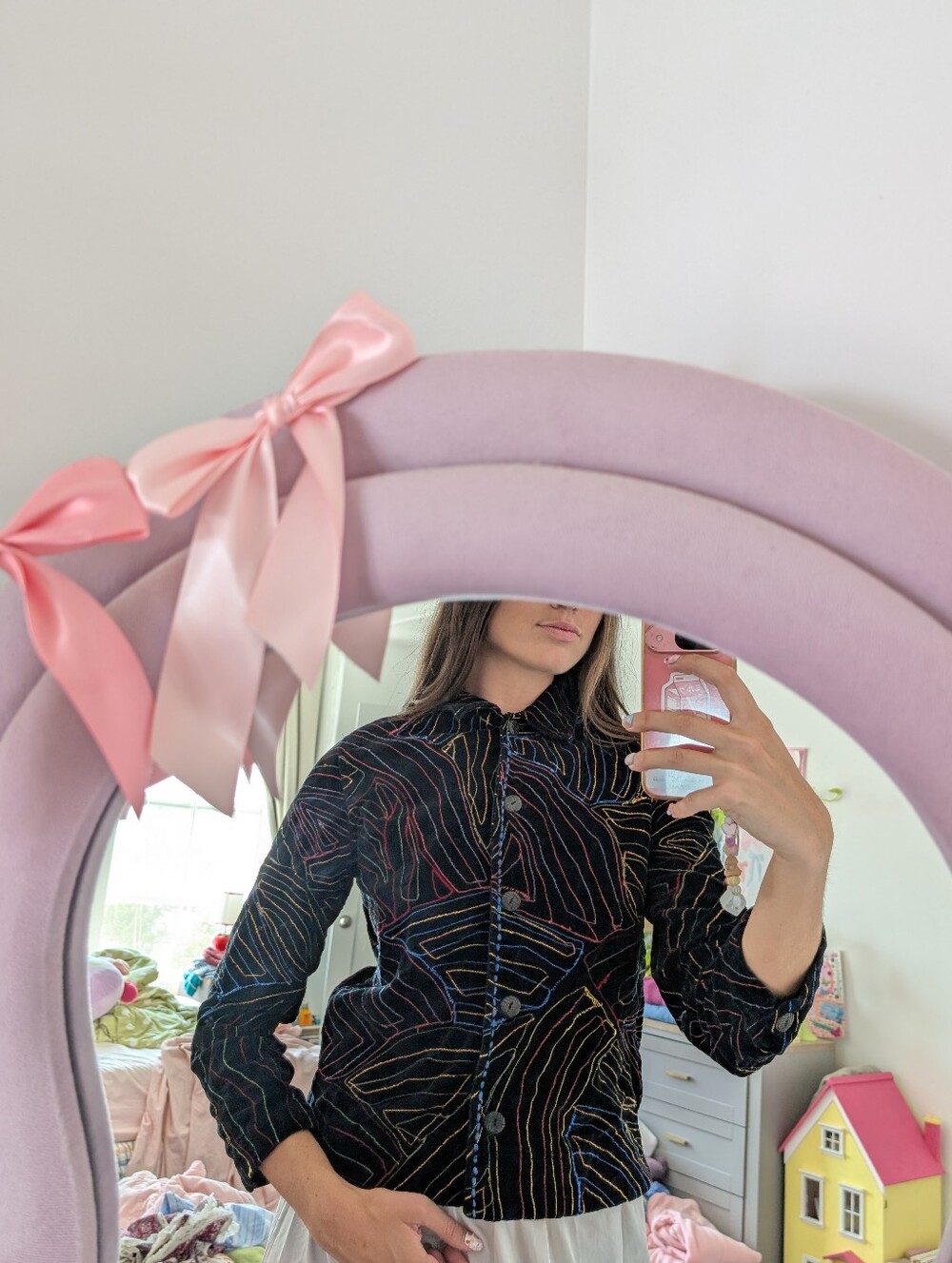 Black Velvet Jacket with Multicolor Topographic Embroidered Lines